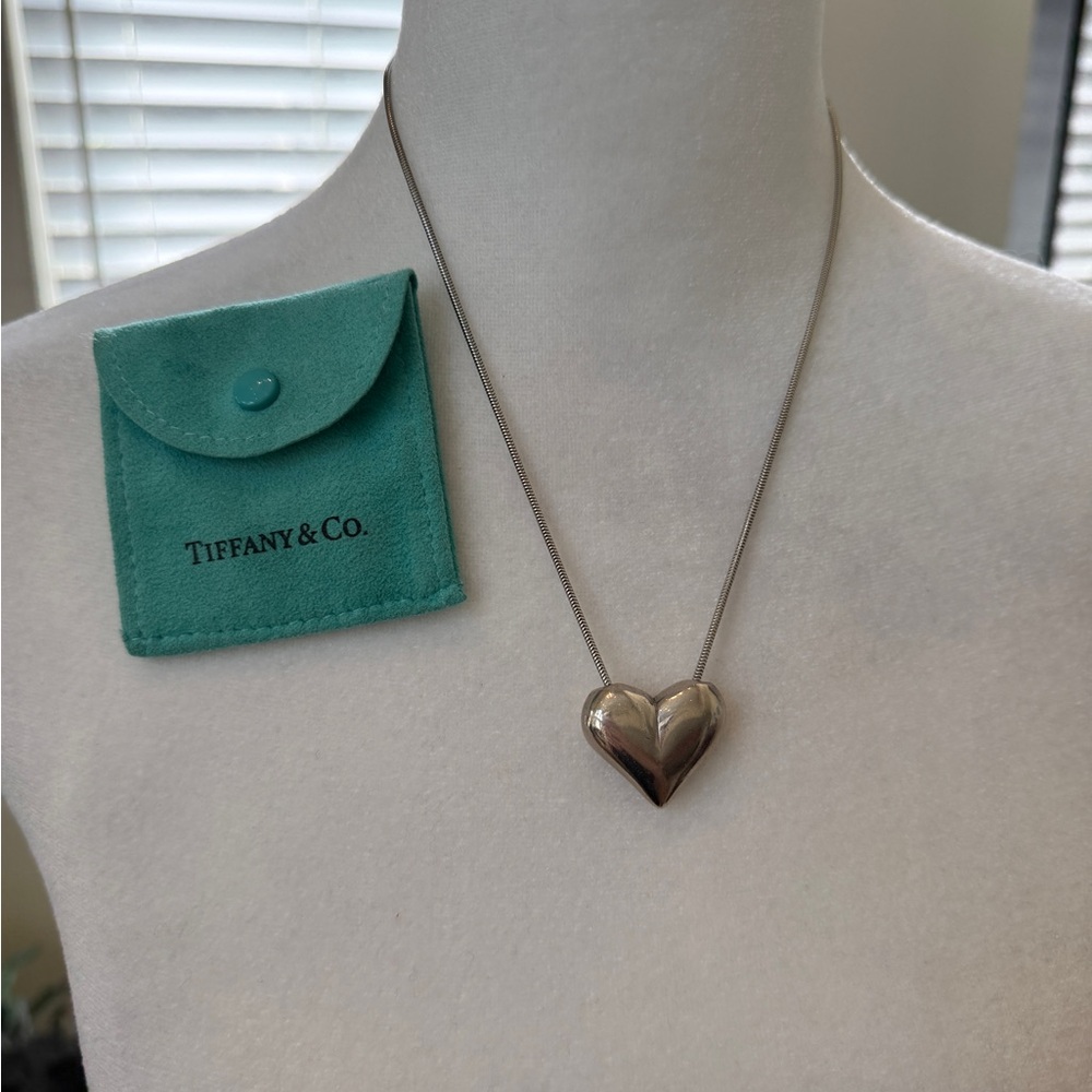 Tiffany sterling silver puffy heart necklace with snake chain with Tiffany pouch
